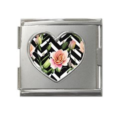 Black Chevron Peach Lilies Mega Link Heart Italian Charm (18mm) by GardenOfOphir