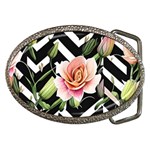 Black Chevron Peach Lilies Belt Buckles Front