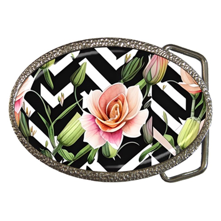 Black Chevron Peach Lilies Belt Buckles