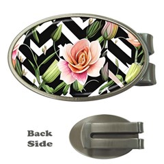 Black Chevron Peach Lilies Money Clips (oval)  by GardenOfOphir