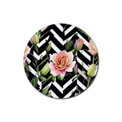 Black Chevron Peach Lilies Rubber Coaster (round) by GardenOfOphir