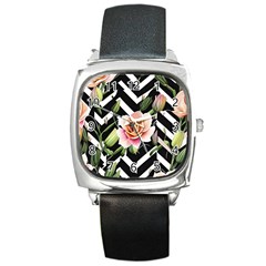 Black Chevron Peach Lilies Square Metal Watch by GardenOfOphir