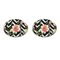 Black Chevron Peach Lilies Cufflinks (oval) by GardenOfOphir