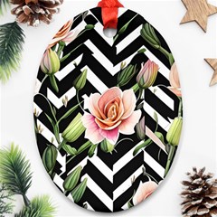 Black Chevron Peach Lilies Oval Ornament (two Sides) by GardenOfOphir