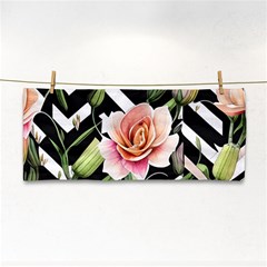 Black Chevron Peach Lilies Hand Towel by GardenOfOphir