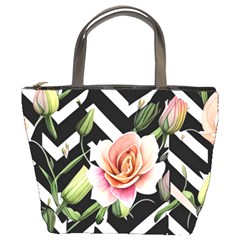 Black Chevron Peach Lilies Bucket Bag by GardenOfOphir