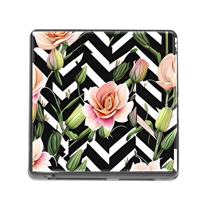 Black Chevron Peach Lilies Memory Card Reader (Square 5 Slot)