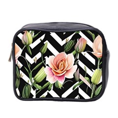 Black Chevron Peach Lilies Mini Toiletries Bag (two Sides) by GardenOfOphir