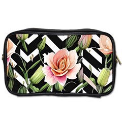 Black Chevron Peach Lilies Toiletries Bag (two Sides) by GardenOfOphir