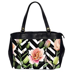 Black Chevron Peach Lilies Oversize Office Handbag (2 Sides) by GardenOfOphir