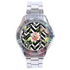 Black Chevron Peach Lilies Stainless Steel Analogue Watch by GardenOfOphir