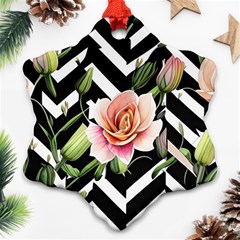 Black Chevron Peach Lilies Snowflake Ornament (two Sides) by GardenOfOphir