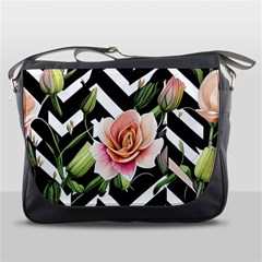 Black Chevron Peach Lilies Messenger Bag by GardenOfOphir