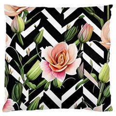 Black Chevron Peach Lilies Large Cushion Case (two Sides) by GardenOfOphir