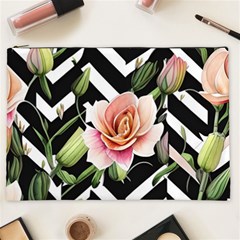 Black Chevron Peach Lilies Cosmetic Bag (xxl) by GardenOfOphir