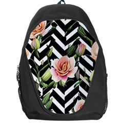 Black Chevron Peach Lilies Backpack Bag by GardenOfOphir