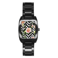 Black Chevron Peach Lilies Stainless Steel Barrel Watch by GardenOfOphir