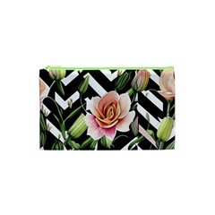 Black Chevron Peach Lilies Cosmetic Bag (xs) by GardenOfOphir