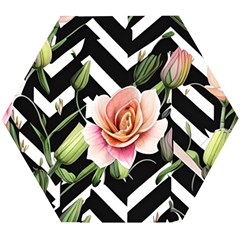 Black Chevron Peach Lilies Wooden Puzzle Hexagon by GardenOfOphir