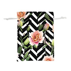 Black Chevron Peach Lilies Lightweight Drawstring Pouch (m) by GardenOfOphir