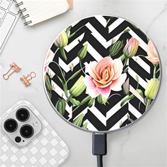 Black Chevron Peach Lilies Wireless Fast Charger(white) by GardenOfOphir