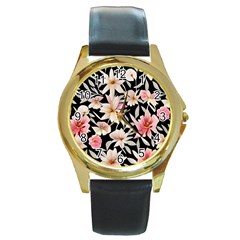 Botanical Flowers Round Gold Metal Watch by GardenOfOphir