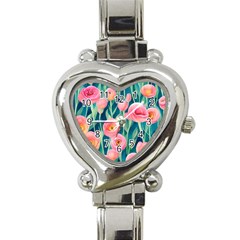 Blush Watercolor Flowers Heart Italian Charm Watch by GardenOfOphir