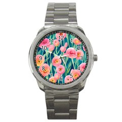 Blush Watercolor Flowers Sport Metal Watch by GardenOfOphir