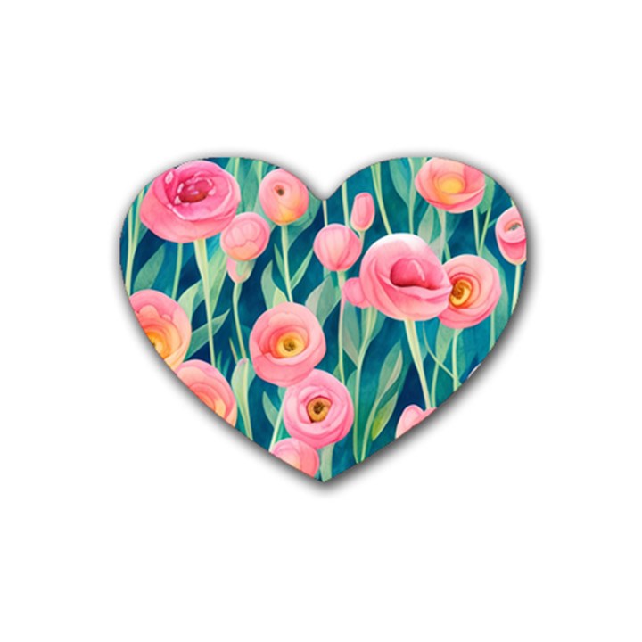 Blush Watercolor Flowers Rubber Heart Coaster (4 pack)