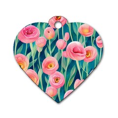 Blush Watercolor Flowers Dog Tag Heart (two Sides) by GardenOfOphir