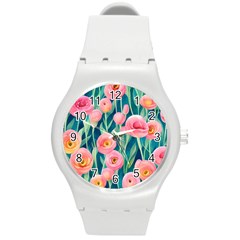 Blush Watercolor Flowers Round Plastic Sport Watch (m) by GardenOfOphir