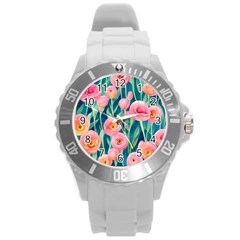 Blush Watercolor Flowers Round Plastic Sport Watch (l) by GardenOfOphir