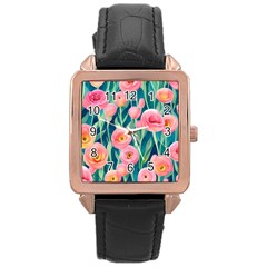 Blush Watercolor Flowers Rose Gold Leather Watch  by GardenOfOphir