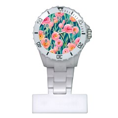 Blush Watercolor Flowers Plastic Nurses Watch by GardenOfOphir