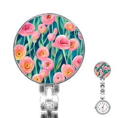 Blush Watercolor Flowers Stainless Steel Nurses Watch by GardenOfOphir