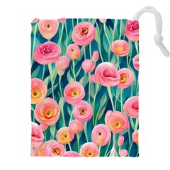 Blush Watercolor Flowers Drawstring Pouch (5xl) by GardenOfOphir