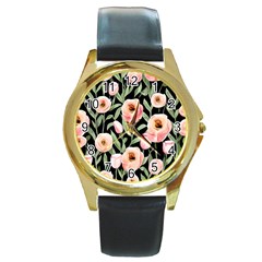 Captivating Watercolor Flowers Round Gold Metal Watch by GardenOfOphir