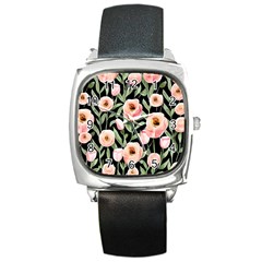 Captivating Watercolor Flowers Square Metal Watch by GardenOfOphir