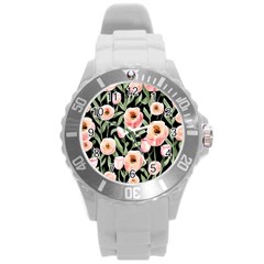 Captivating Watercolor Flowers Round Plastic Sport Watch (l) by GardenOfOphir