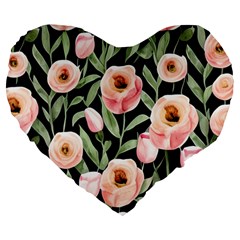 Captivating Watercolor Flowers Large 19  Premium Flano Heart Shape Cushions