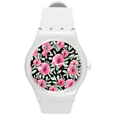 Watercolor Flowers Botanical Foliage Round Plastic Sport Watch (m) by GardenOfOphir