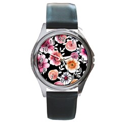 Cheerful Watercolor Flowers Round Metal Watch by GardenOfOphir