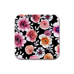 Cheerful Watercolor Flowers Rubber Square Coaster (4 Pack) by GardenOfOphir