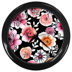 Cheerful Watercolor Flowers Wall Clock (black) by GardenOfOphir