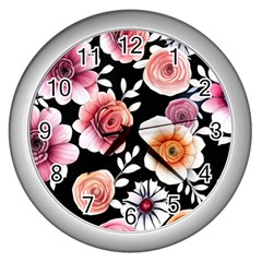 Cheerful Watercolor Flowers Wall Clock (silver) by GardenOfOphir