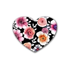 Cheerful Watercolor Flowers Rubber Heart Coaster (4 Pack)