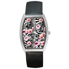 Brilliantly Hued Watercolor Flowers In A Botanical Barrel Style Metal Watch by GardenOfOphir