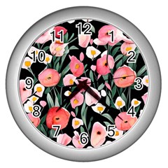 Charming Watercolor Flowers Wall Clock (silver) by GardenOfOphir