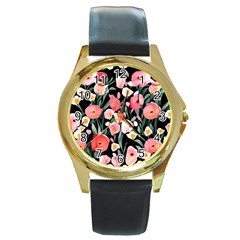 Charming Watercolor Flowers Round Gold Metal Watch by GardenOfOphir