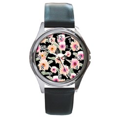 Watercolor Vintage Retro Floral Round Metal Watch by GardenOfOphir